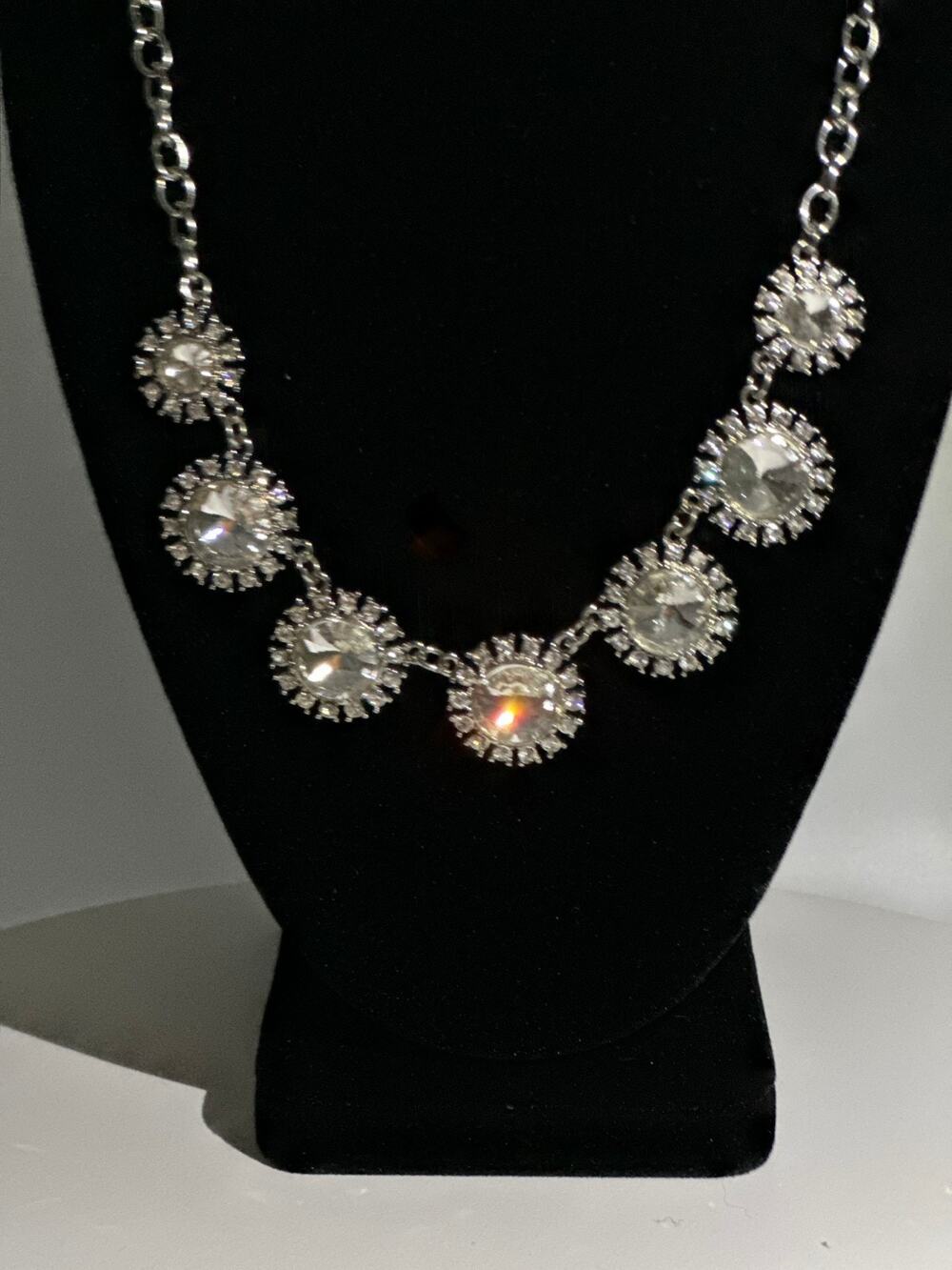 Silver Tone Rhinestone Circle Drop Necklace Statement Floral Design 19"